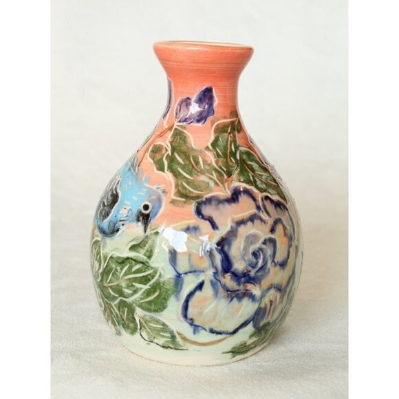 Art Studio Ceramic Pottery Birds & flowers print Bottle Decorative Vase handmade - Picture 10 of 10